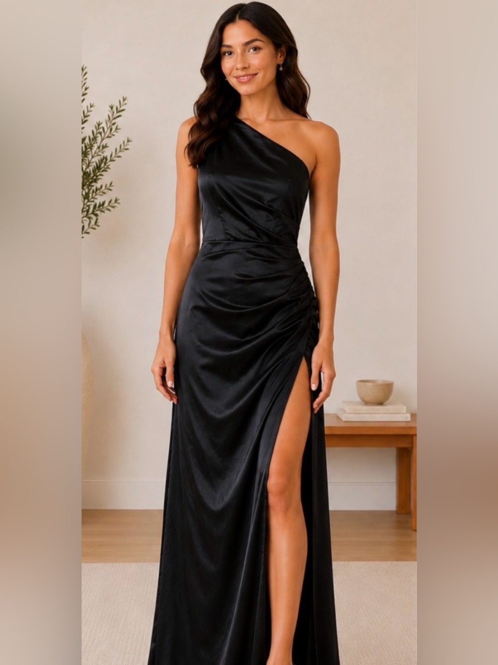 Lulus One Shoulder Maxi Dress Formal Gown M NWT Satin Soft Side Slit Black